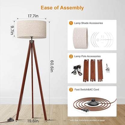LEPOWER Tripod Floor Lamp Mid Century Modern Standing Lamps for Living Room | Light-Diffusing Linen Shade, Premium Rubberwood Tripod with E26 Base, Adding Warmth to Bedroom, Office & Study Corner Brown
