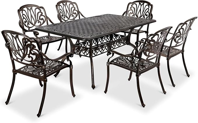 VINGLI 7-Piece Outdoor Dining Set, Cast Aluminum Patio Furniture Set for 6 with Umbrella Hole, Rectangular Outdoor Dining Table & 6 Stackable Chairs, All-Weather Garden/Poolside Dining Set Bronze