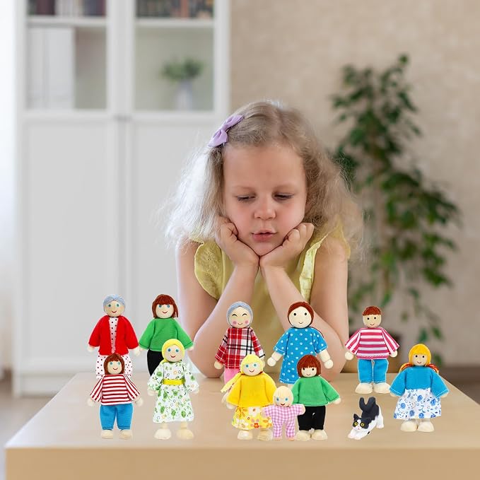 ONEST 20 Pieces Wooden Dollhouse Family Set Mini People Figures Dog Cat Sets Dollhouse Dolls Wooden Doll Family Pretend Play Figures Accessories for Pretend Dollhouse Toy