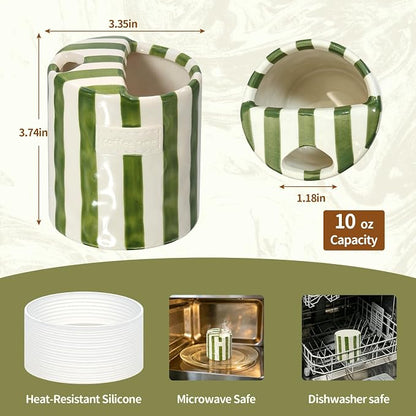 10 oz Ceramic Coffee Mug with Sip Hole & Silicone Sleeve, Green | Cute Hand-Painted Striped Porcelain, Gift for Coffee Lover, Cold & Hot Drinks, Microwave & Dishwasher Safe