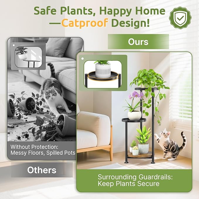 3 Tier Plant Stand Indoor Outdoor, 10in Wide Metal Tiered Tall Flower Pot Holder Multiple Shelf, Large Heavy Duty Round Rack for Patio Garden Living Room Balcony Corner Bathroom Orchid,Modern Black