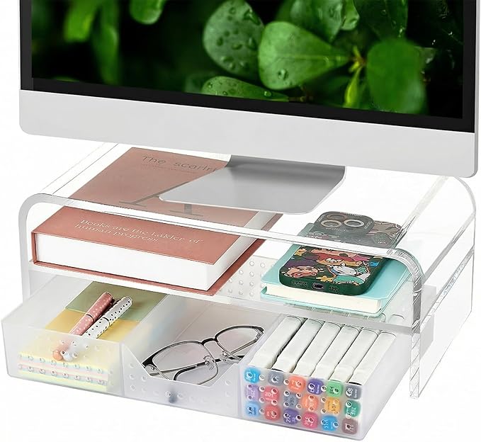 OPNICE Acrylic Clear Desk Organizers and Accessories, 2-Tier Computer Monitor Stand Riser with Drawer, Laptop Stand, Office Desk Accessories for Office Supplies, Transparent