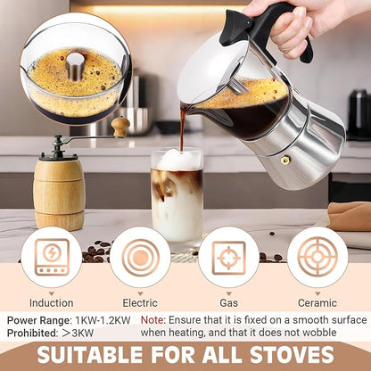 6 Cup 300ml Glass Moka Pot, Stovetop Espresso Maker, Silver | Crystal Glass-top & Stainless Steel Coffee Maker, Induction Compatible, for Greca de Cafe, Cuban and Italian Coffee Brewing