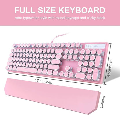 Camiysn Typewriter Style Mechanical Gaming Keyboard, Pink Retro Punk Gaming Keyboard with White Backlit, 104 Keys Blue Switch Wired Cute Keyboards, Round Keycaps for Windows/Mac/PC