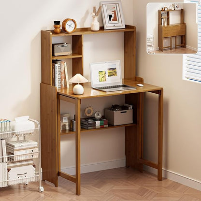 Folding Desk for Small Spaces, Bamboo Foldable Desk with Bookshelf, Brown | Small Computer Desk with Storage, Mid Century, Fold Out，Compact Size, for Bedroom, Living Room, Apartment, Home Office