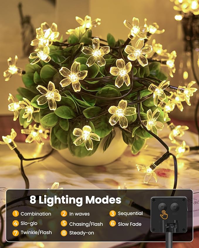 Brightown 2 Pack Total 52FT 120 LED Solar String Lights Flower Outdoor Waterproof Fairy Lights for Garden Yard Fence Patio Christmas Tree Wedding Party Decor, Warm White