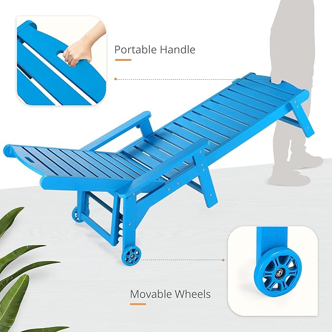 LUE BONA Outdoor Chaise Lounge Chairs Set of 2, 79'' Oversized HDPS Chaise Lounger, 5 Positions Adjustable Lounge Chairs, Pool Lounge Chair with Wheels for Poolside,3 Year Warranty, Blue