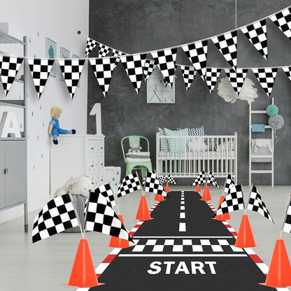 AHIER 38 Pcs Traffic Cones and Racing Flags Set - 12 Plastic Cones With Hole, 24 Checkered Flags With Sticks, 6.5Ft Racetrack Floor Runner and 9.8ft Race Track Banner