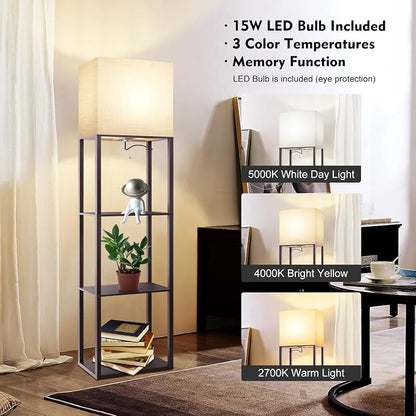 RUNTOP Plus - Floor Lamp with Shelves, Wide Shelf Lamp, Shelf Floor Lamp with 15W LED Bulb, 3 Colors Temperature, Memory Function, Large Display Storage, Standing Lamps for Living Room, Bedroom, Wood