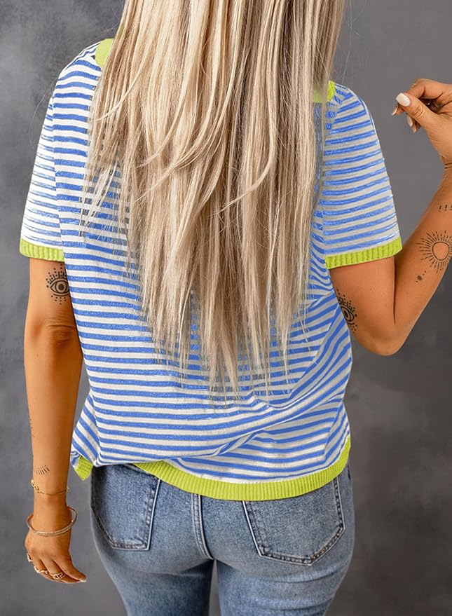 Dokotoo Womens Tops 2026 Casual Summer Crewneck Short Sleeve Striped Color Block Knit High Low Trendy Pullover Sweaters