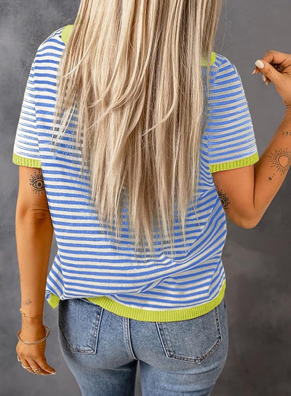 Dokotoo Womens Tops 2026 Casual Summer Crewneck Short Sleeve Striped Color Block Knit High Low Trendy Pullover Sweaters