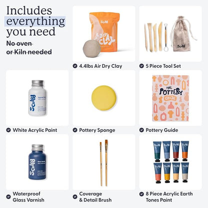 Sculpd - The Original Pottery Kit for Adults - Air Dry Clay for Adults, Tools, Varnish, Paints, Brushes, Couples Date Night Arts & Crafts Set, Gloss Varnish with Classic Tones