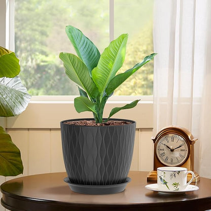 7 inch Plant Pots, 5 Pack Flower Pots with Drainage Holes and Saucers for Indoor Plants, Plastic Planters with Water Ripple for Small Garden House Plants, Nursery Pots for Succulent, Black