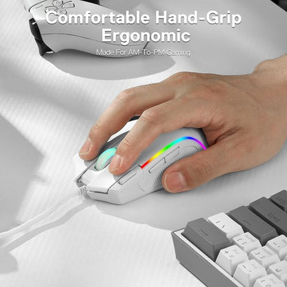 Redragon M612 Predator RGB Gaming Mouse, 8000 DPI Wired Optical Mouse with 11 Programmable Buttons & 5 Backlit Modes, Software Supports DIY Keybinds Rapid Fire Button, White