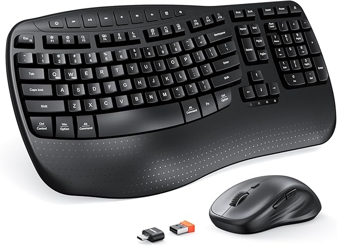 MEETION Ergonomic Keyboard and Mouse Wireless Combo, Wave Keys Natural Typing, 2.4G USB Receiver Wireless Keyboard with Wrist Rest, 4 Adjustable DPI Optical Mouse, Computer/Laptop/Windows/Mac, Black