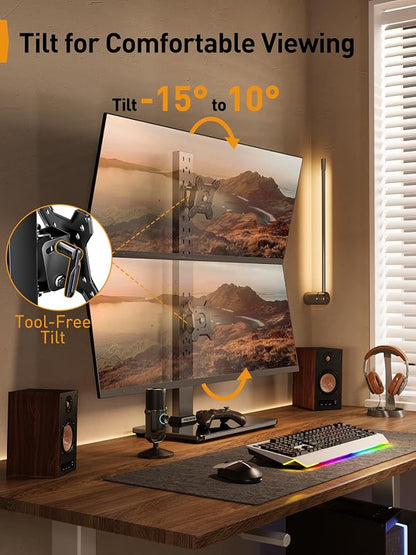 Perlegear Dual Vertical Monitor Stand for 13–40 inch Screens up to 44 lbs | Heavy-duty steel, swivel, tool-free tilt, 360° rotation, 13 height settings, cable management, max VESA 100x100mm, office use