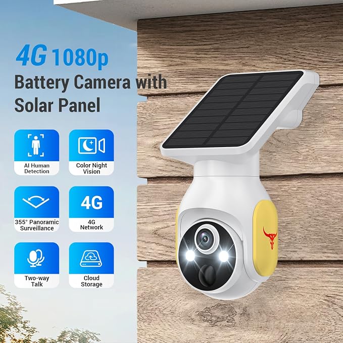 1080p Security Camera Wireless with Solar Panel, AI Human Detection, 2-Way Audio, Color Night Vision, Cloud Storage (Sold Separately), Indoor/Outdoor Surveillance Bullet Cam