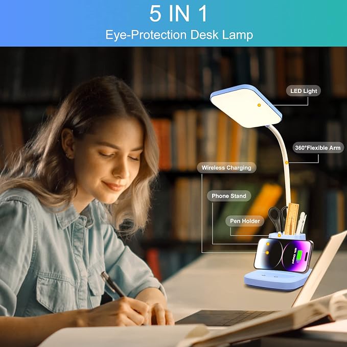 LED Desk Lamp with 10W Wireless Charging & Pen Holder, Blue | CRI 95, 800LM, Stepless Dimming, 3 Modes, 360°Flexible Arm, Touch, Study Table Lamp for Home Office, Dorm Room, with Adapter
