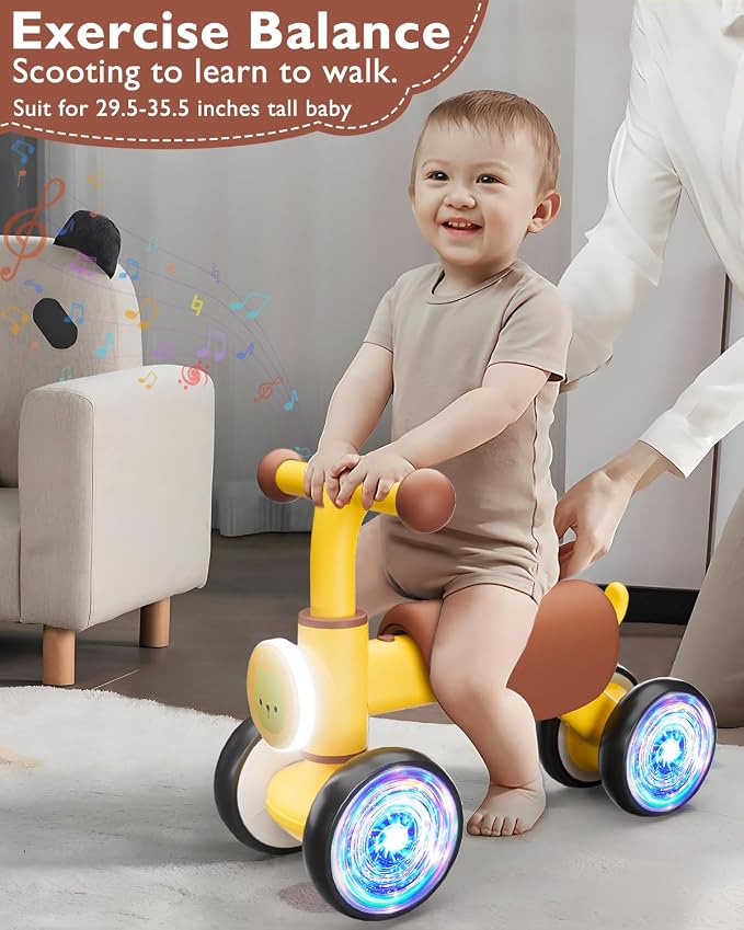 Balance Bike Toys for 1 Year Old Boy, Toddler Toys for 1 Year Old Girls Gifts, Toddler Bike with Colorful Glow Wheel, Soft Music, Cute Animal Sound, One Year Old Birthday Gifts