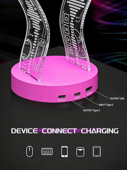 CoolGift Mart Light Up Headphone Stand with 16 Color Lights, Game Pattern Acrylic Headset Stand with 1 USB and 1 Type-C Charging Ports, Gifts for Girls Women Gamers and Music Lovers