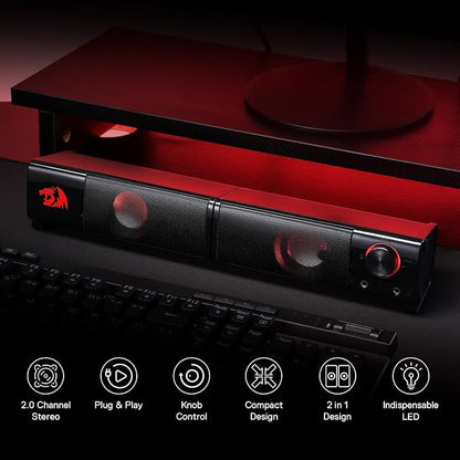 Redragon GS550 PC Gaming Speakers 2.0 Channel Stereo Enhanced Sound, Black | Compact Maneuverable Size, Headphone Jack, Decent Red Backlight, Plug & Play USB Powered Desktop Computer Speaker