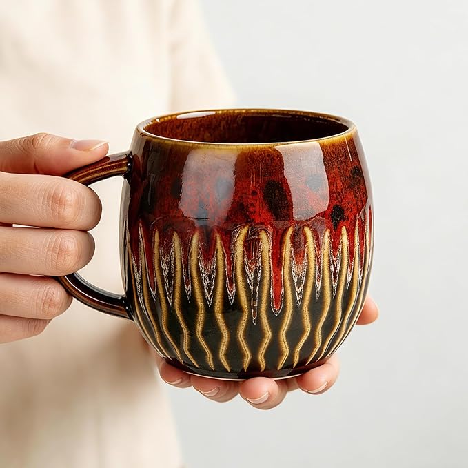 20oz Large Ceramic Coffee Mugs Unique Big Pottery Coffee Mug Microwave Safe Cool Stoneware Cups for Tea Latte Oversized Mug With Handle for Home Red Wide Clay Mugs for Men Fancy Handmade Ceramic Cup