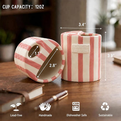 Ceramic Coffee Mug with Sip Hole, 12oz Striped Ceramic To Go Coffee Cup, Cute Aesthetic Mug for Espresso Latte Cappuccino, Handmade Glazed Cup for Home Office Gift Use, Pink