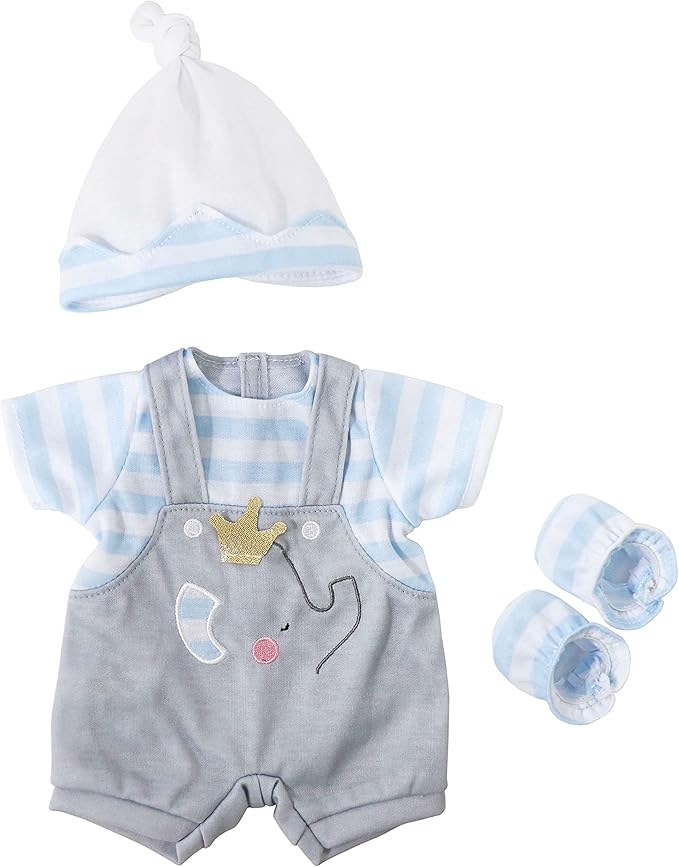 JC Toys | Berenguer Boutique | Baby Doll Outfit | Gray Overall Shorts with Blue Stripes | Includes Headband and Booties | Ages 2+ | Fits Dolls 14"- 16"