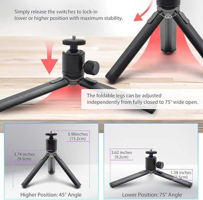 Kado Metal Portable Monitor Tablet Stand Tripod, Adjustable Height & Angle | 100x100mm 75x75mm Wall/Arm Mount Clamping, 360° Ball Head and 1/4" Screw Compact for Phone, Tablet, Projector, Camera, Webcam