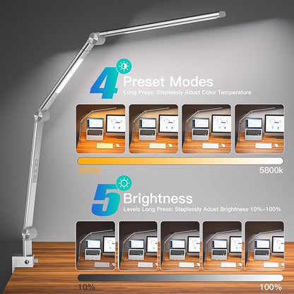LED Desk Lamp, Desk Light for Home Office, Dual Light Source, Eye-Caring Optical Lens, 5 Color Modes & Brightness, 18W Brightest, Swing Arm Office Lamp, Clamp Lamp, Work Light, Task Light