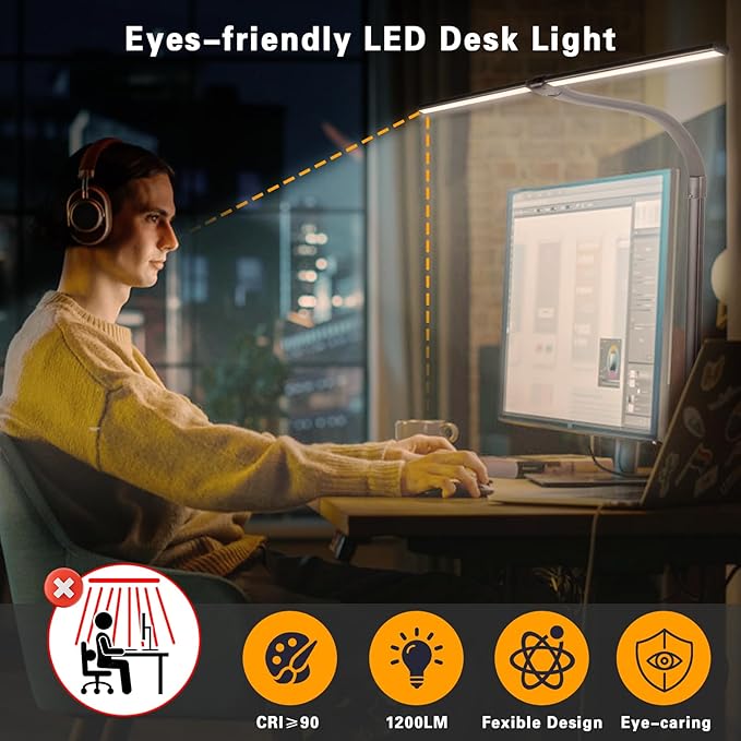Led Desk Lamp for Office Home - 24W Double Head Architect Desk Light with Clamp & Timer, Eye Caring Folding Table Lamp Gaming Desktop Computer LED Lights Desk Supplies for Workbench Studing Drafting