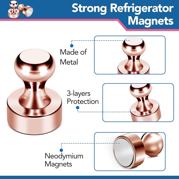LOVIMAG Fridge Magnets 20Pcs for Refrigerator Whiteboard, Rose Gold | Small Strong Neodymium Metal Cute Push Pin for Classroom, Kitchen, Accessories Decorative, Office, Calendar