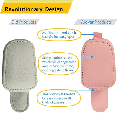 Yuoyar Sunglass Holder for Car, Magnetic Leather Sunglasses Holder and Ticket Card Clip, Car Visor Accessories, 2 Packs (Pink)