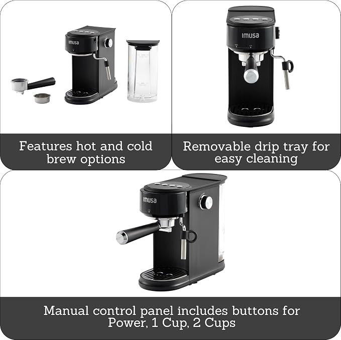 IMUSA 1 or 2 Cup Electric Slimbrew Espresso Cappuccino Coffee Maker, Black | Matte Finish, 20 Bar Pump, Milk Frother, Fast Heating, Hot or Iced Drinks, Home Baristas