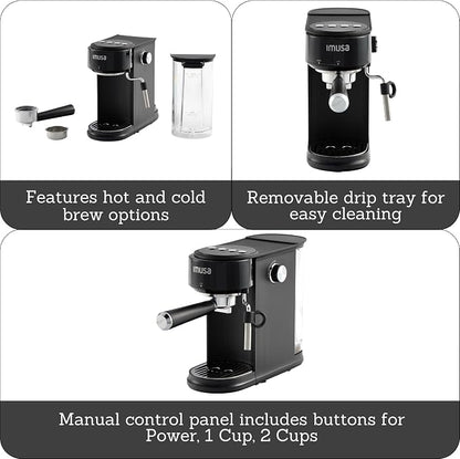 IMUSA 1 or 2 Cup Electric Slimbrew Espresso Cappuccino Coffee Maker, Black | Matte Finish, 20 Bar Pump, Milk Frother, Fast Heating, Hot or Iced Drinks, Home Baristas