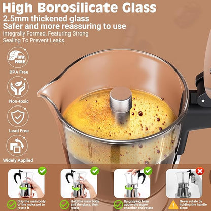 9 Cup 450ml Glass Moka Pot, Stovetop Espresso Maker, Silver | Crystal Glass-top & Stainless Steel Coffee Maker, Induction Compatible, for Greca de Cafe, Cuban and Italian Coffee Brewing