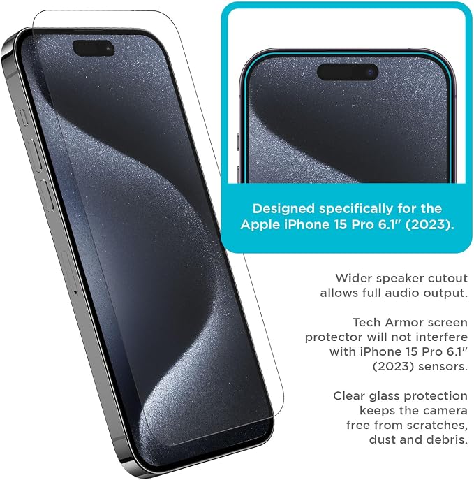 Tech Armor for Apple iPhone 15 Pro Screen Protector Glass 6.1 inch - Ballistic Tempered, Case Friendly, Easy Install, Sensor Protection, HD, 9H Hardness, 3 Pack + Bonus Camera Lens Protectors