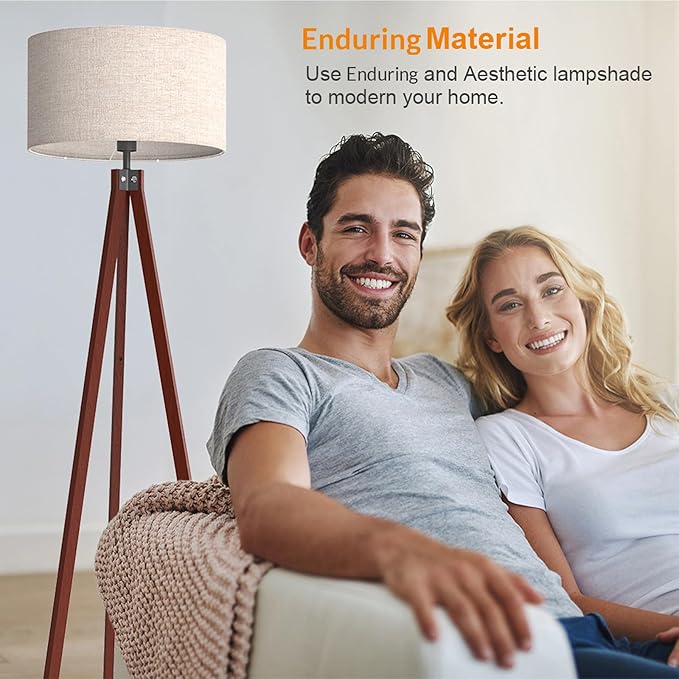 LEPOWER Tripod Floor Lamp Mid Century Modern Standing Lamps for Living Room | Light-Diffusing Linen Shade, Premium Rubberwood Tripod with E26 Base, Adding Warmth to Bedroom, Office & Study Corner Brown