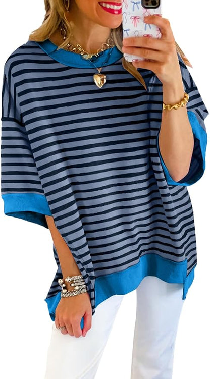 SHEWIN Womens Tops Casual Short Sleeve Sweatshirt Crewneck Striped Shirt Pullover T Shirts Loose Blouses