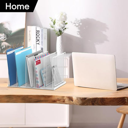 File Organizer for Desk, 5-Section Vertical File Sorter, Paper Holder Organizer Standing Metal File Folder for Office Home Classroom, White