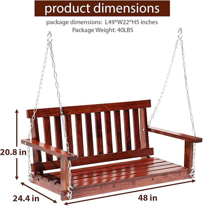 Outdoor Wooden Porch Swing 4Ft Patio Porch Swing Bench 800 LBS Load-Bearing Capacity Swing Chair Two-Person Seating with Adjustable Hanging Chains, Durable Swing Bench for Courtyard, Garden, Backyard