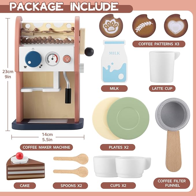 GAGAKU Wooden Coffee Maker Toy 14 pcs Play Kitchen Accessories Toy Coffee Maker for Kids Pretend Playset Toddler Coffee Maker Gifts for Boys and Girls