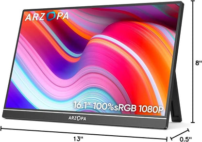 ARZOPA 16.1" Portable Monitor, 100% sRGB FHD 1080P Kickstand Portable Laptop Monitor High Color Gamut Display IPS Eye Care Screen for High-end Office & Entertainment -Z1C