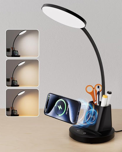 hansang LED Desk Lamp for Home Office with Wireless Charger, 3 Color Modes, Stepless Dimmable, Touch Control Black Study Lamp with Pen Holder for College Dorm Room, CRI 90, 800 Lumen, Adapter Included