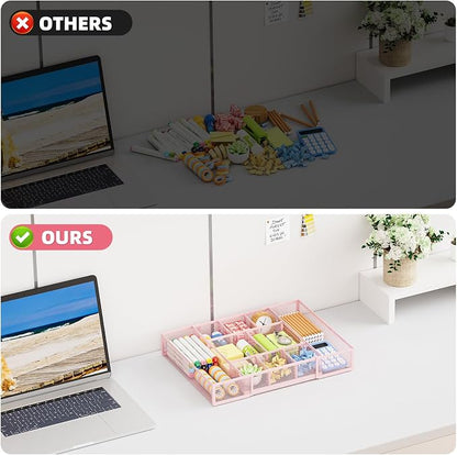 Marbrasse Expandable Desk Drawer Organizer, Mesh Tray with 10 Adjustable Compartments, Desk Organizers for Office Supplies, Makeup & Vanity (Expandable-Pink)