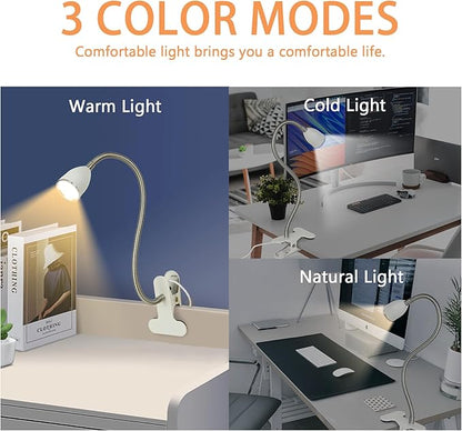 Desk lamp Eye-Caring Table Lamps, 360°Rotation Gooseneck Clip on Lamp Reading Light, Portable Reading Book Light, Clamp Light, Study Desk Lamps for Bedroom and Office Home Lighting (White-C01)