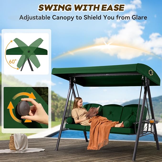 3 in 1 Outdoor Porch Swing with Canopy, 3 Seat Outdoor Swing for Adults, Patio Swing Chair with Thickened Cushions,Pillows & Cup Holders for Backyard, Porch, Garden (Green)