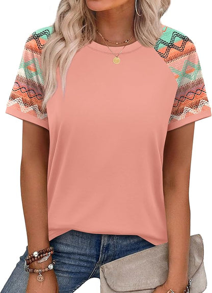 WIHOLL Womens Summer Tops Color Block Short Sleeve Raglan Shirts Spring Fashion Clothes Vacation Outfits