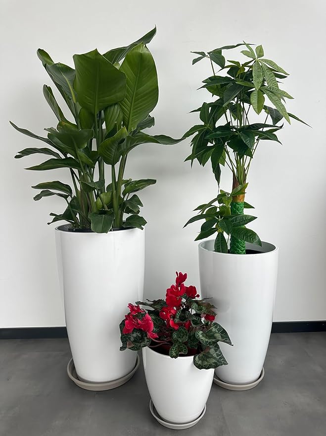 24,21,11 Inch Large Plastic Planters with Drainage Hole and Saucer - Set of 3 Tall Plant Pots Indoor Flower Pot Tall Round Planters Outdoor Large Tall Planter