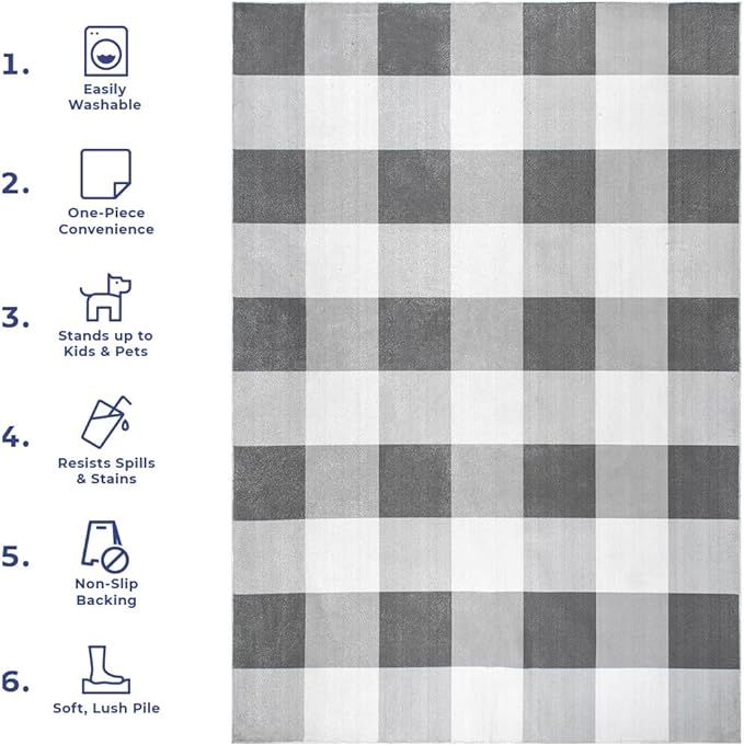 nuLOOM Lucy Machine Washable Farmhouse Buffalo Plaid Ultra Thin Runner Rug, 2' 6" x 10', Grey